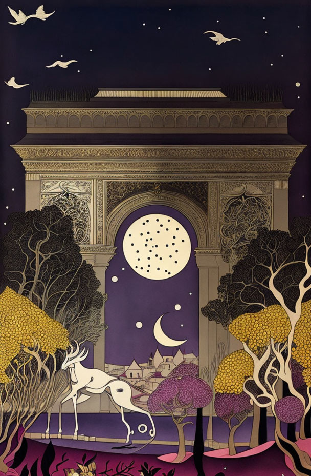 Illustration of archway with crescent moon, stars, unicorn, golden trees, and birds