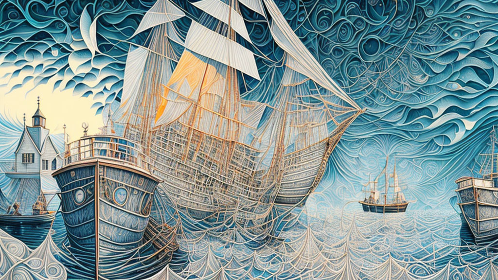 Detailed Stylized Ship Illustration with Intricate Waves and Cloudy Sky