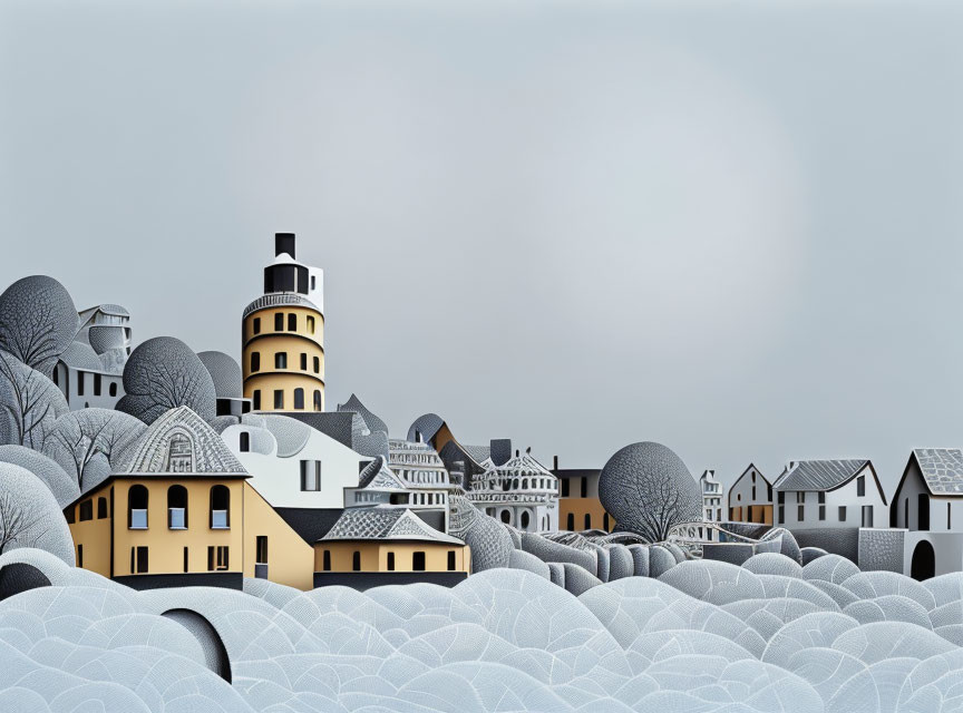 Stylized village scene with snowy patterns and cloudy sky