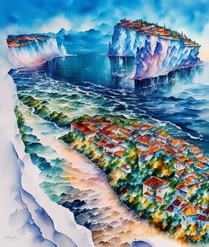 Surreal watercolor painting of icy cliffs and lush green landscapes by the sea