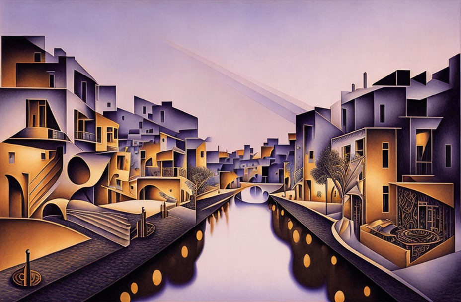 Surreal painting of stylized canal scene with warm palette and geometric buildings