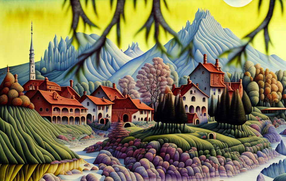 Colorful surreal village scene with undulating hills and yellow sky