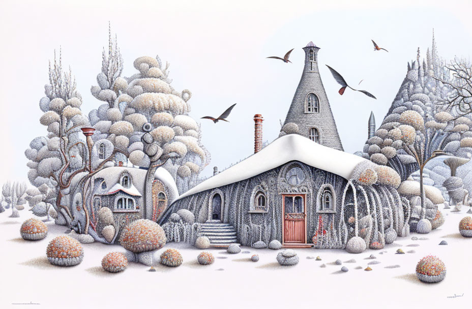 Snow-covered fantasy landscape with round cottage, tall spire house, and flying birds