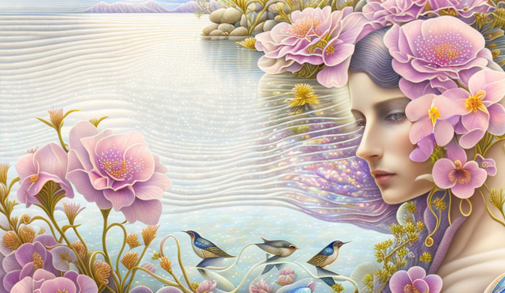 Illustration of woman's face merging with nature among pink flowers and birds by tranquil water