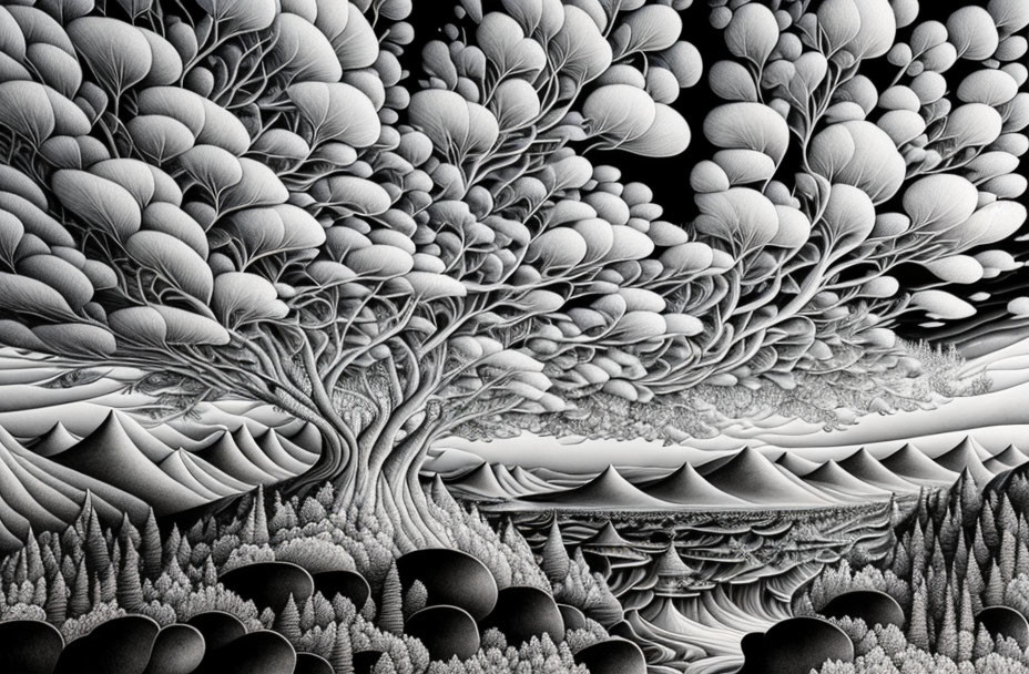 Monochromatic surreal landscape with intricate tree and detailed foliage