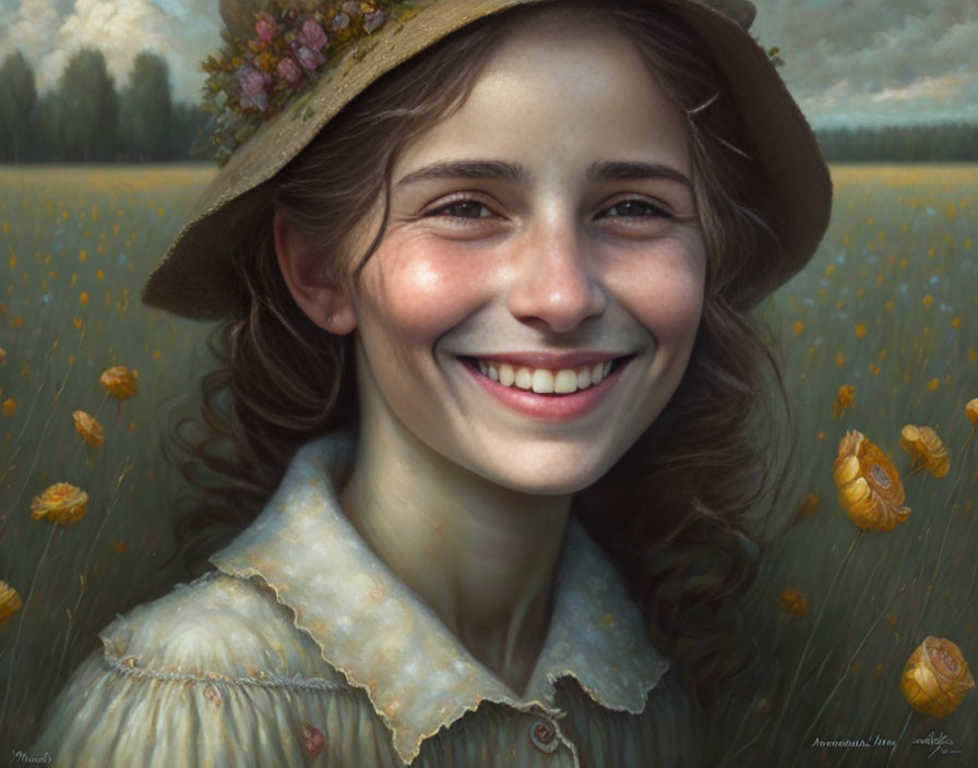 Smiling young woman with flower-adorned straw hat in serene meadow