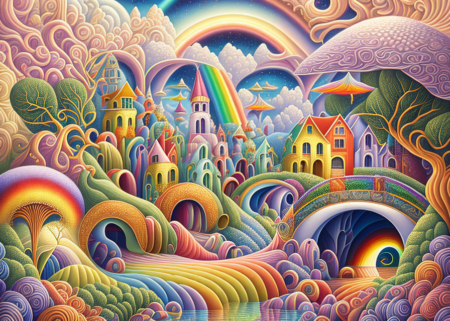 Colorful Psychedelic Landscape with Whimsical Structures and Rainbows