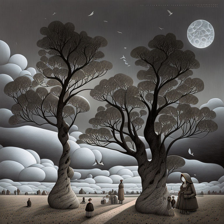 Monochromatic fantasy landscape with stylized trees, people in robes, full moon, and ethereal