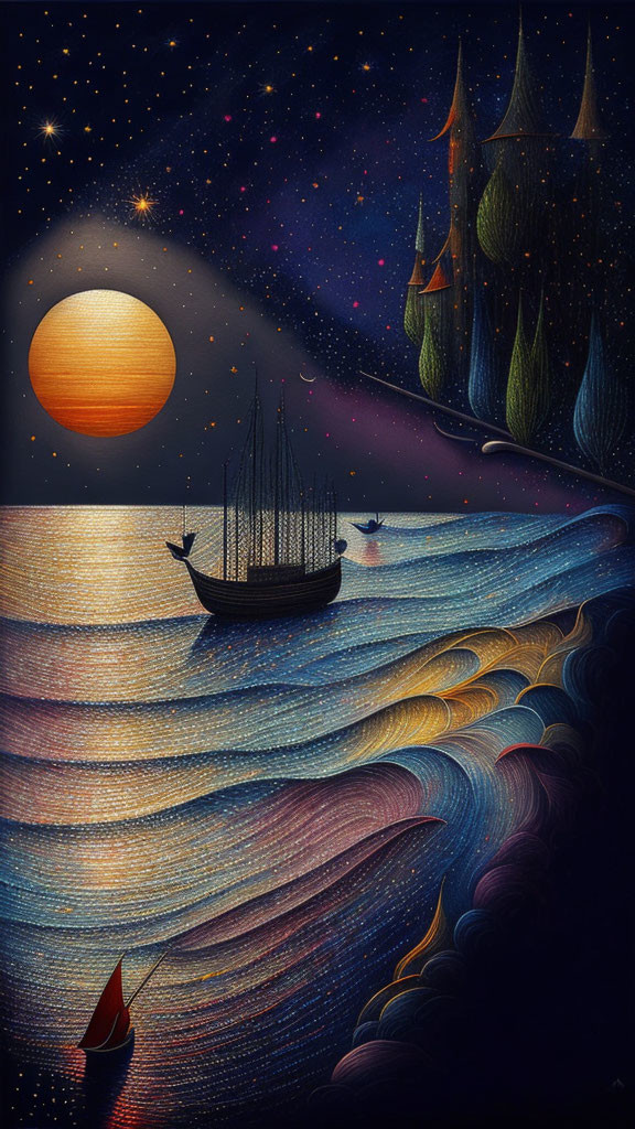 Moonlit Night Seascape with Sailing Ship and Shoreline