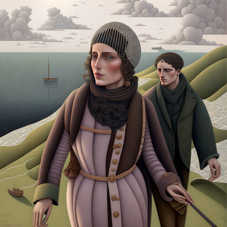 Vintage-styled illustration of man and woman walking in landscape with boats under cloudy sky