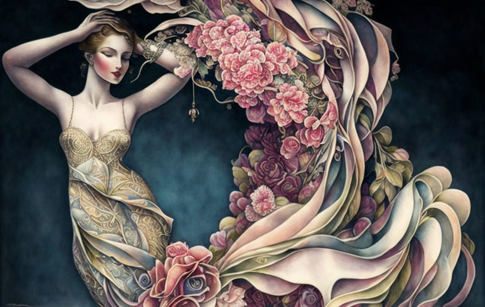 Woman with flowing hair and dress among pink and red roses in Art Nouveau style