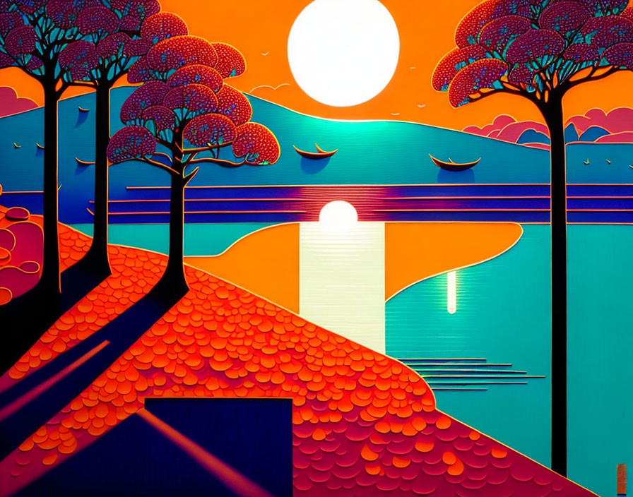 Colorful sunset artwork: sun, bridge, river, trees, hills