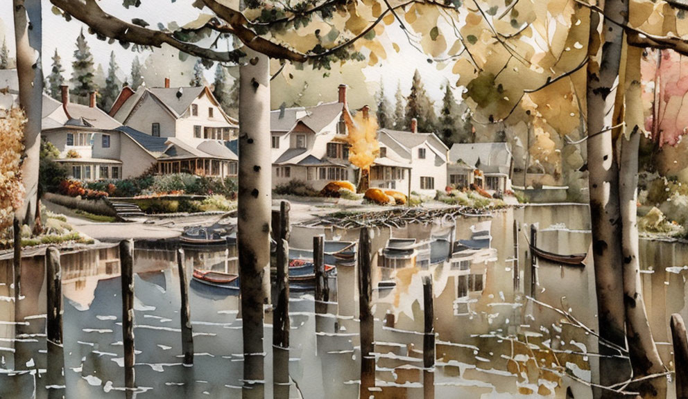 Tranquil lakeside watercolor with boats, reflections, and autumn trees