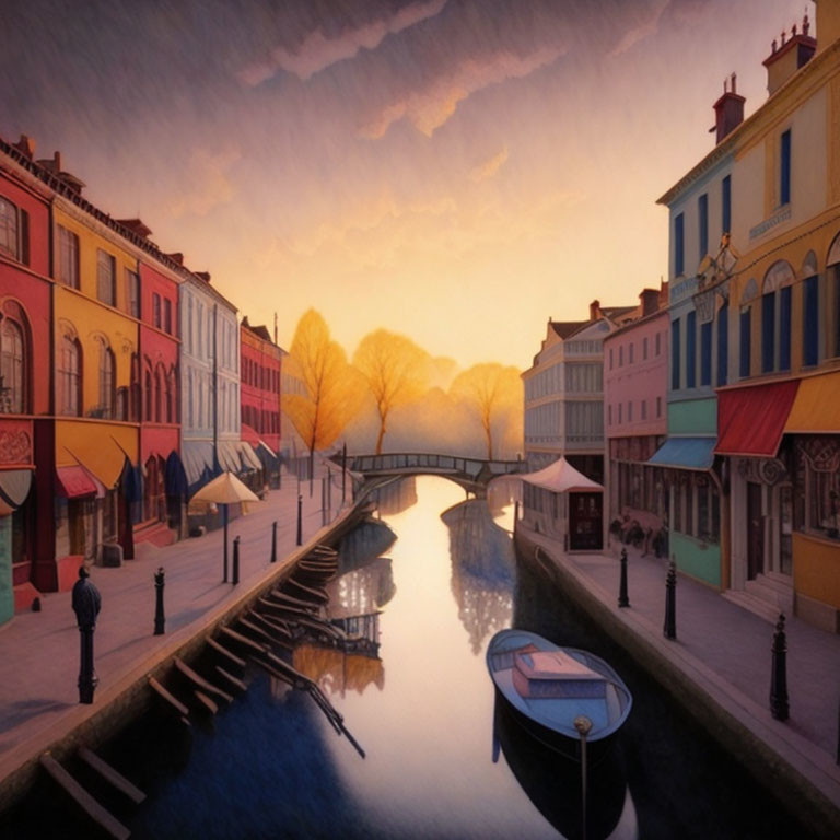 Tranquil scene: Venetian canal at sunset with gondolas, bridge, and past