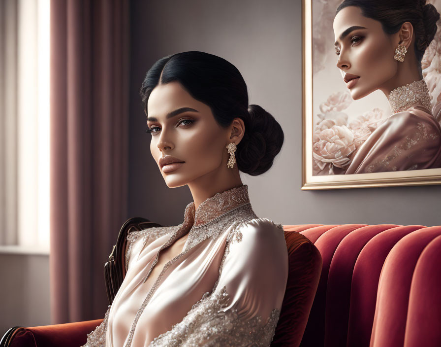 Dark-haired woman in beige gown by window with mirror reflection