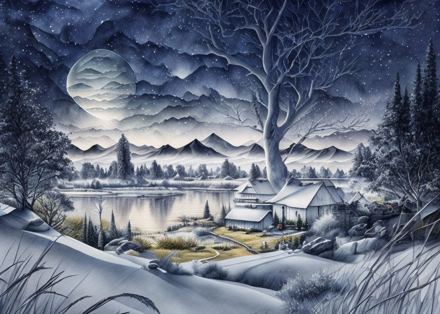 Snowy Night Landscape: Cabin, Lake, Trees, Mountains, Starry Sky