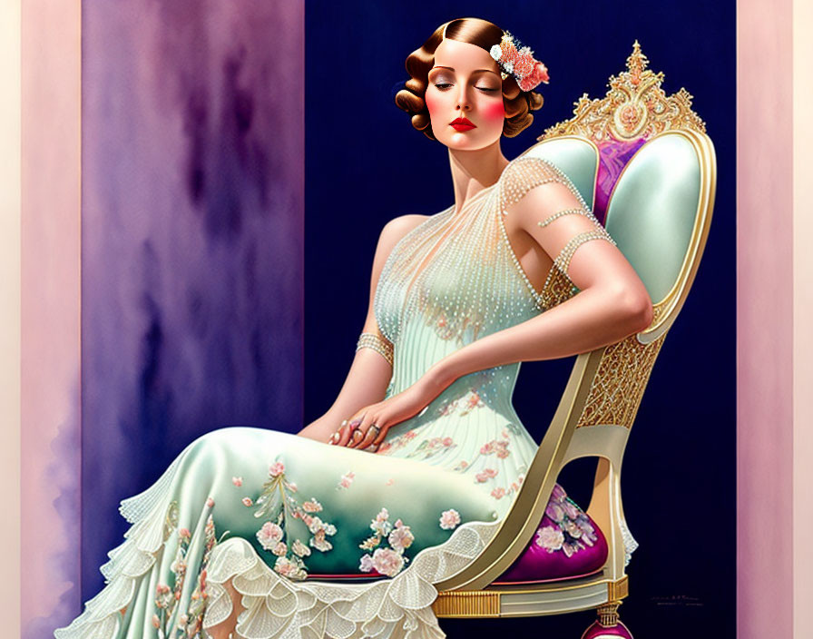 Vintage Dress Woman Sitting on Ornate Chair with Purple Pink Background