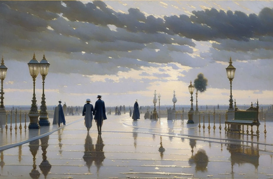 Figures Strolling on Wet Promenade Under Dramatic Sky