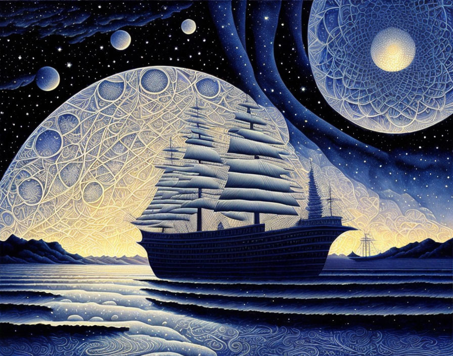 Stylized sailing ship on starry sea with celestial patterns