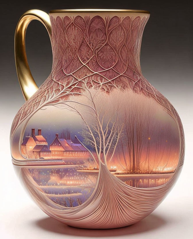 Embossed Leaf Design Pitcher with Landscape Motif in Warm Hues