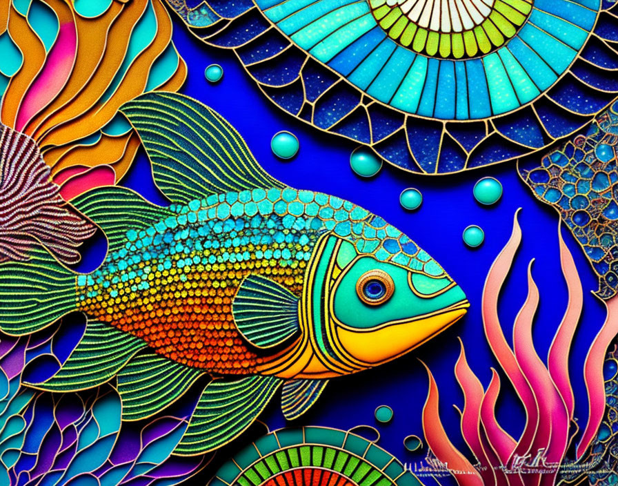 Vibrant fish among sea plants with mosaic texture & intricate patterns