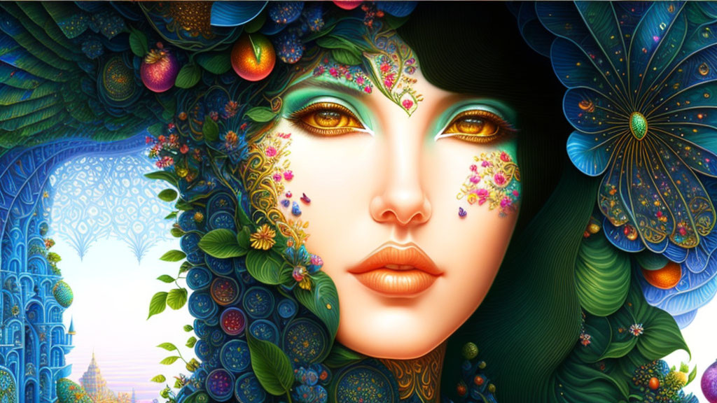 Colorful digital artwork: Woman's face with floral motifs, intricate patterns, and lush foliage.