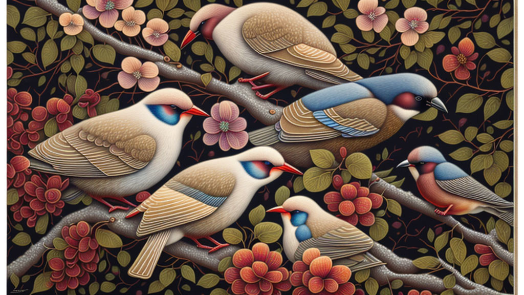 Vibrant illustration: Seven birds on branches with flowers & leaves