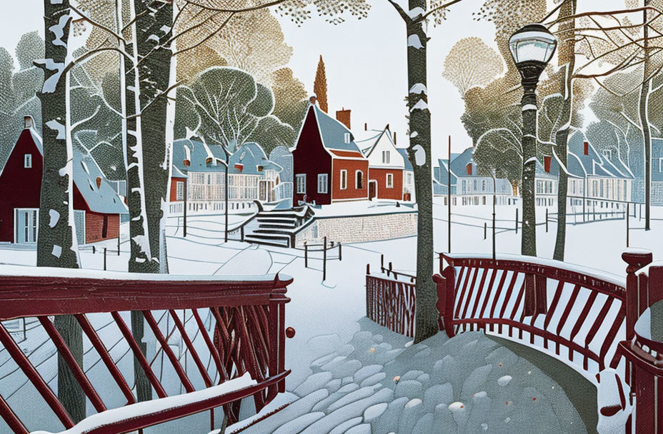 Snow-covered houses, bare trees, red bridge, and glowing street lamp in winter scene