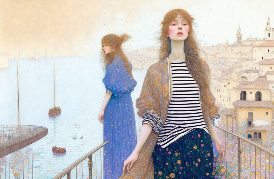 Vintage painting of two women in contemplation on balcony with sea view.