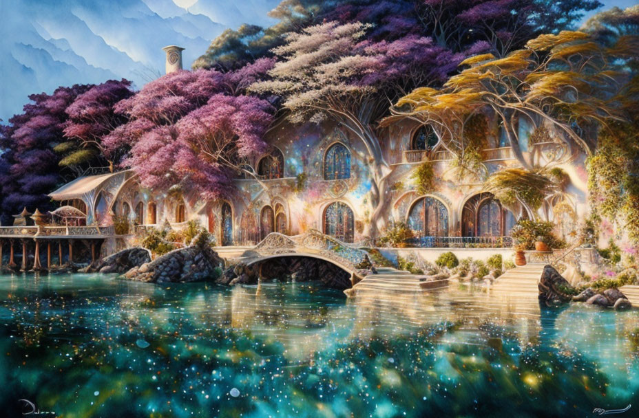 Intricate architecture of mystical house by colorful trees and water.