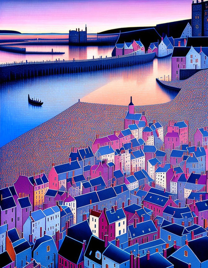 Coastal town twilight painting with purple and pink hues