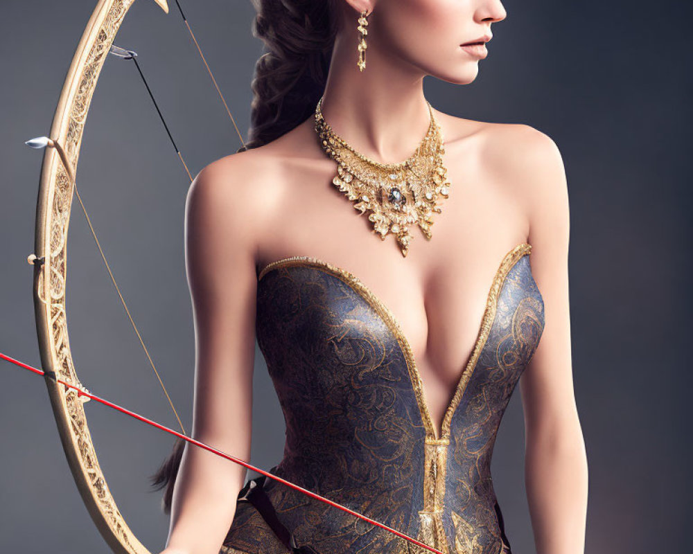 Elegant woman with golden bow and arrow, ornate jewelry, and corset