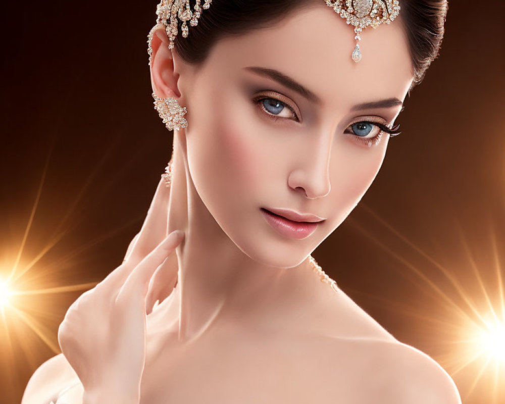 Elegant bridal makeup and jewelry with sparkling tiara and earrings