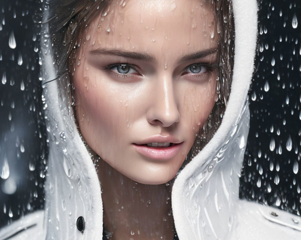 Person with Light Skin and Blue Eyes in White Hooded Jacket with Water Droplets