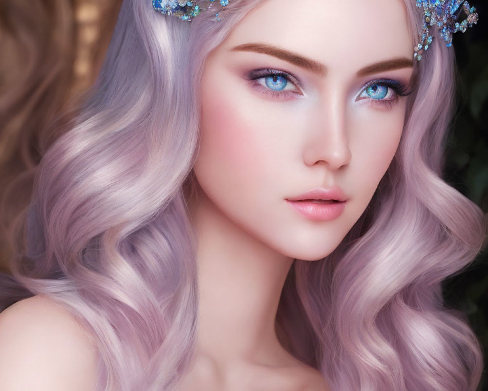 Portrait of Woman with Pastel Purple Hair and Blue Eyes adorned with Bejeweled Hair Accessories