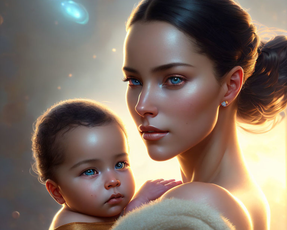 Portrait of woman and baby with striking blue eyes in warm celestial glow