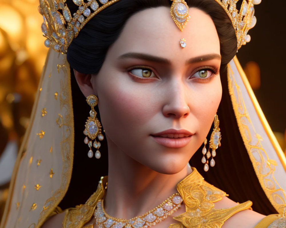 Regal Woman Portrait with Jeweled Crown and Gold Necklaces