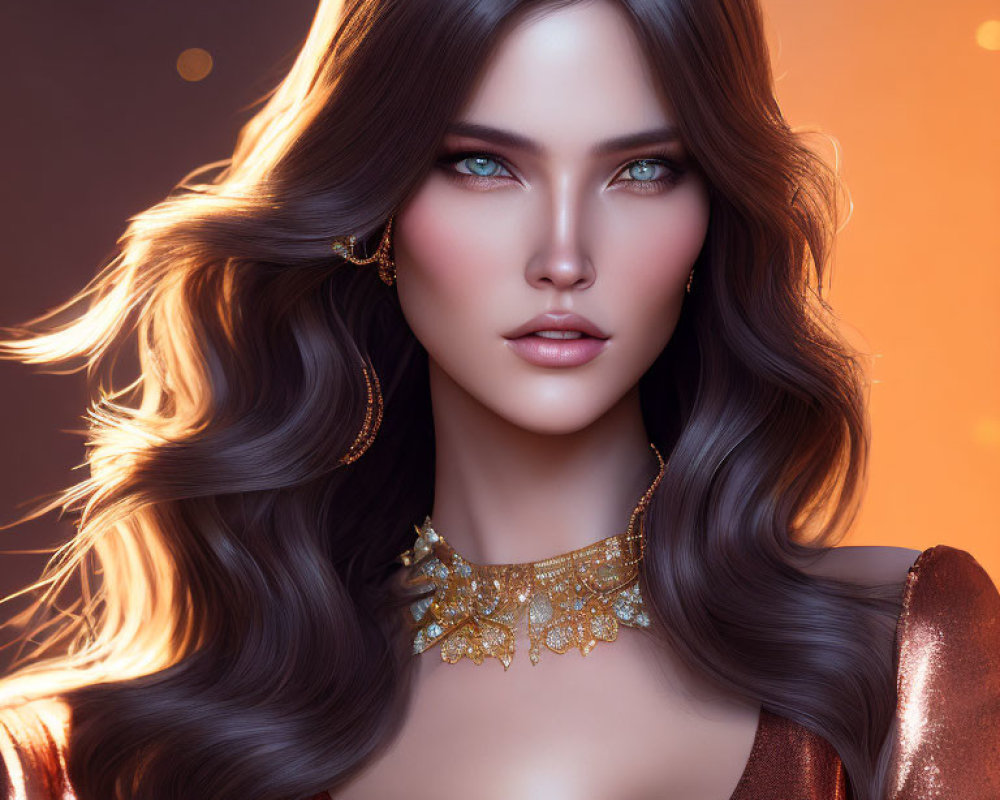 Digital Art Portrait of Woman with Brown Hair, Blue Eyes, Gold Jewelry, Copper Dress