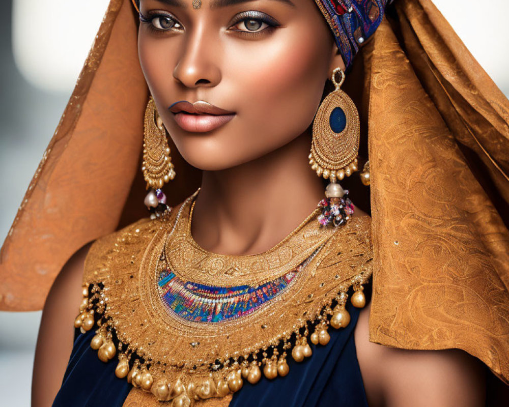 Portrait of woman with gold jewelry and colorful headscarf, intense gaze and makeup against muted backdrop