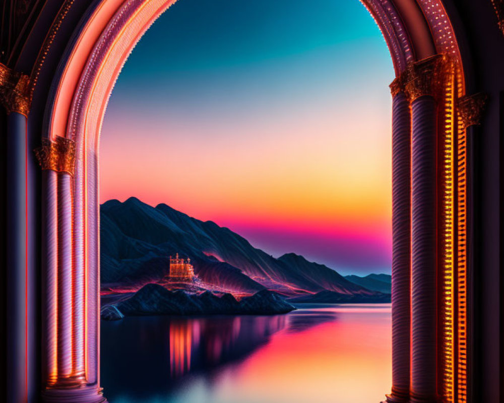 Elaborate Archway Frames Serene Lake & Mountain Sunset