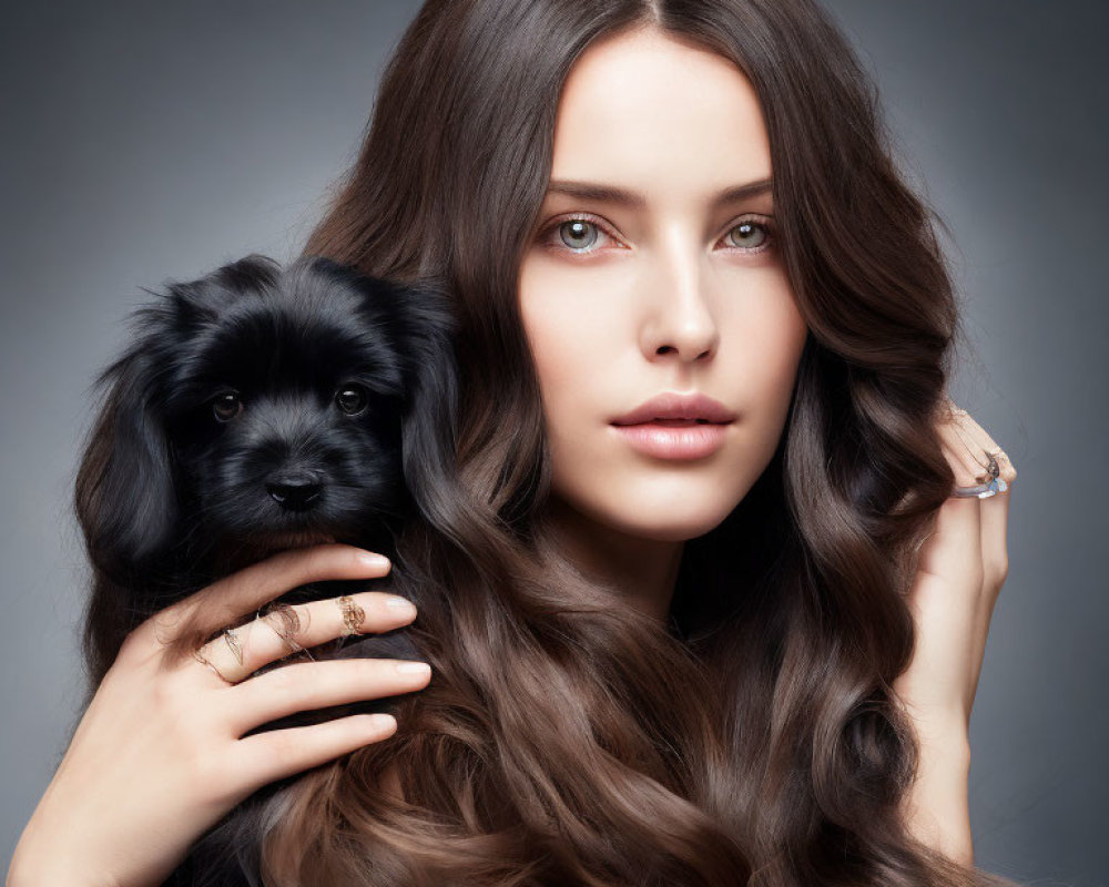 Woman with Long Wavy Hair Holding Small Black Puppy