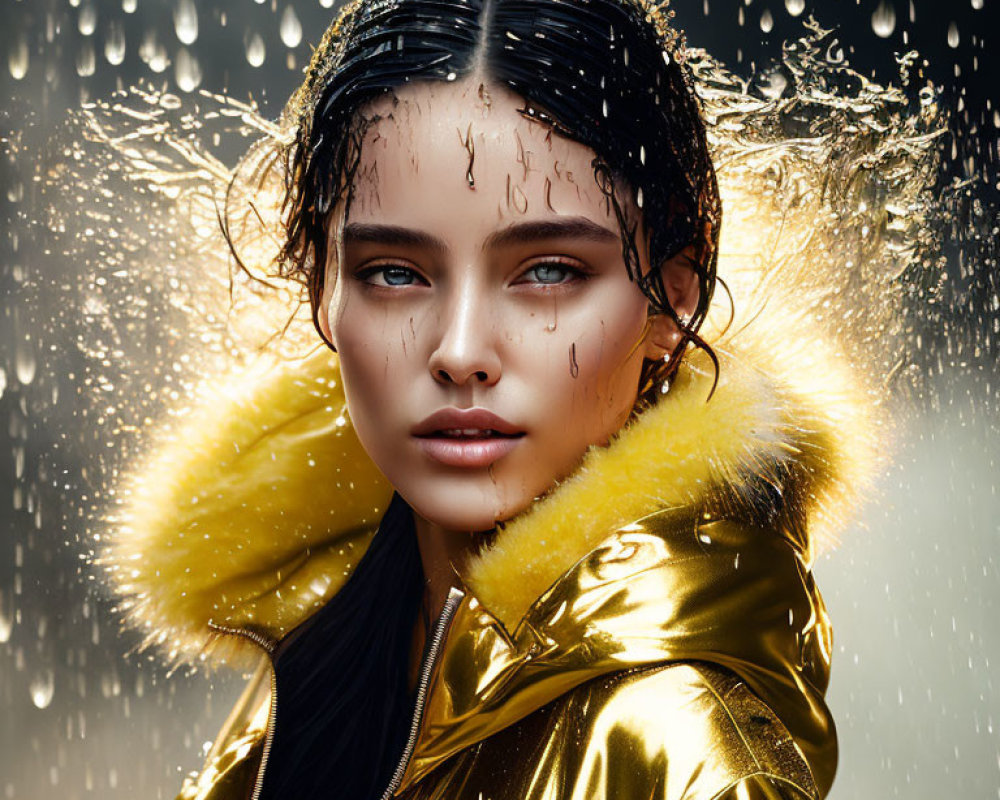 Woman in Golden Jacket with Wet Hair in Rainy Scene