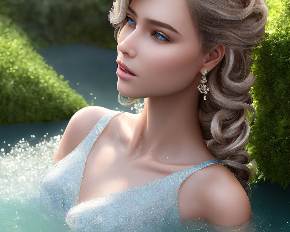 3D-rendered image of woman with blue eyes and blonde hair in elegant dress in garden