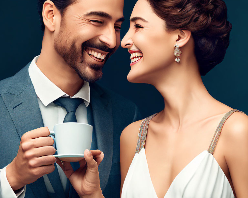 Man in blue suit smiles at woman in white dress, both laughing joyfully