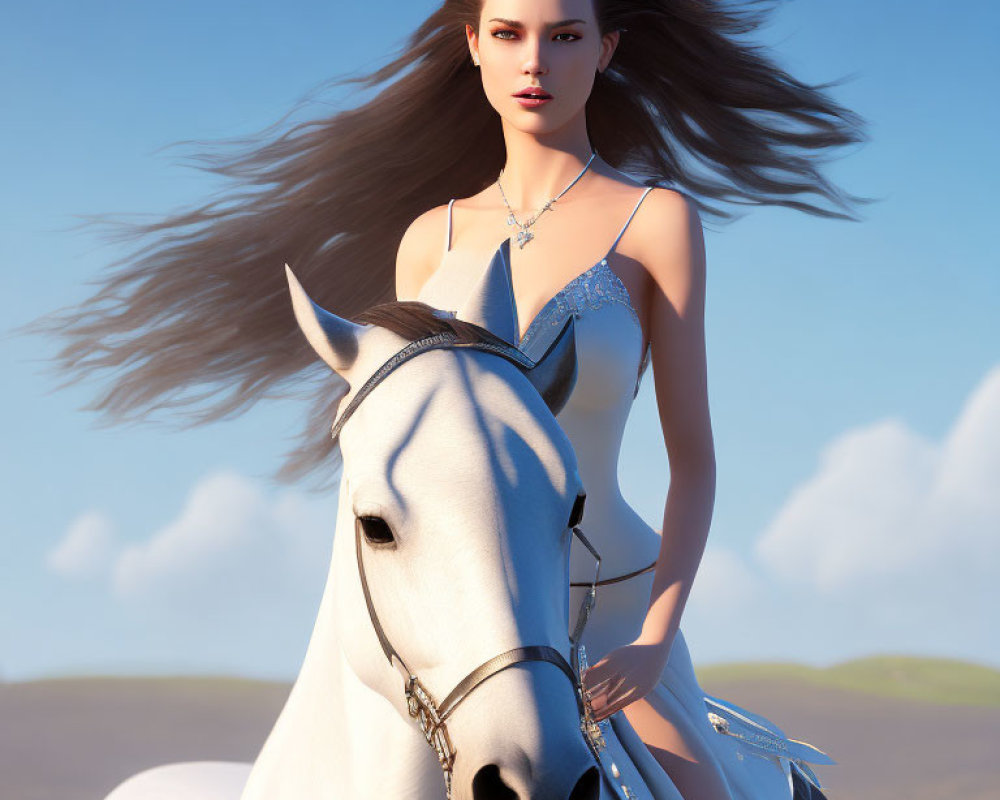 Woman riding white horse in white dress with blue neckline against clear sky