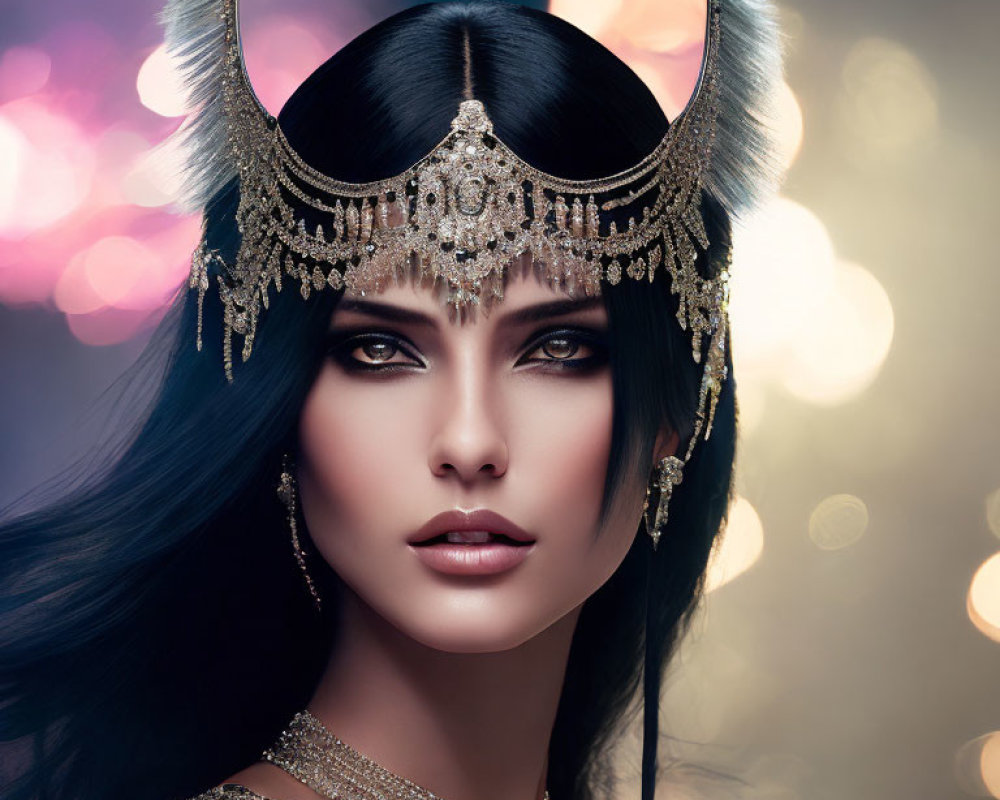 Dark-haired woman in ornate golden headdress on bokeh light backdrop