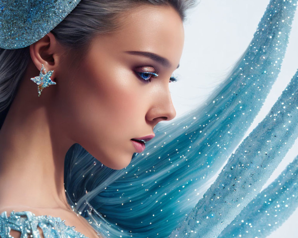 Sparkling blue attire and icy elegance with star-shaped earring and shimmering details