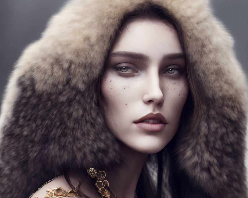 Woman with Porcelain Skin and Freckles in Luxurious Fur Hood with Chain Shoulder Embellishment