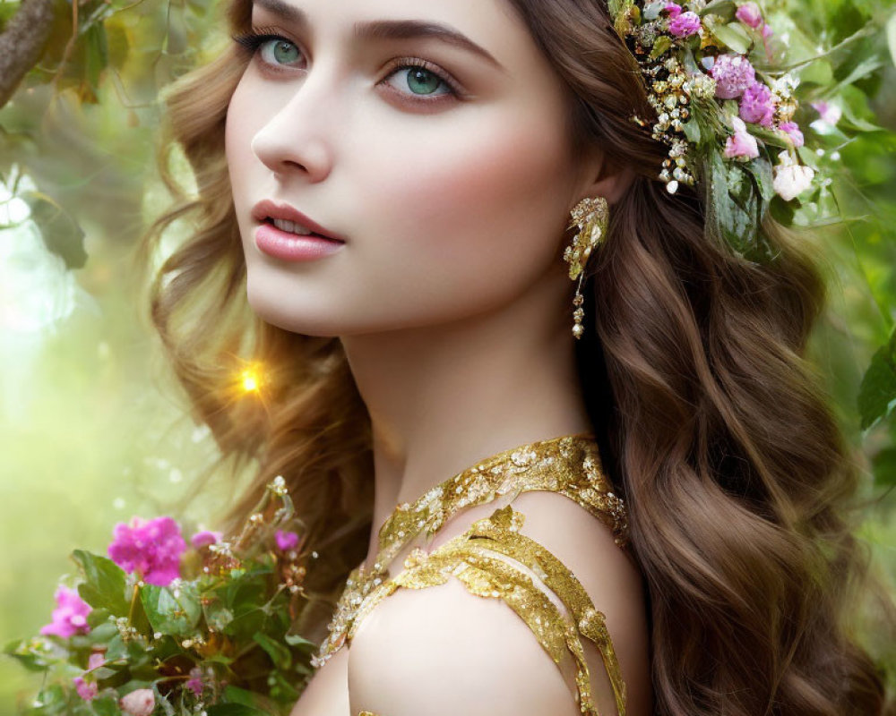 Woman in floral headpiece and golden attire in lush green setting with soft glowing light.