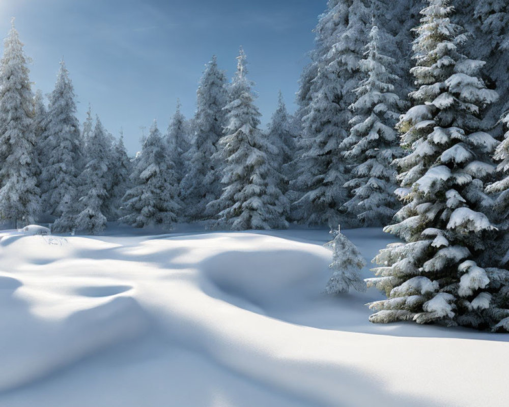 Tranquil forest scene with tall conifers under clear blue sky